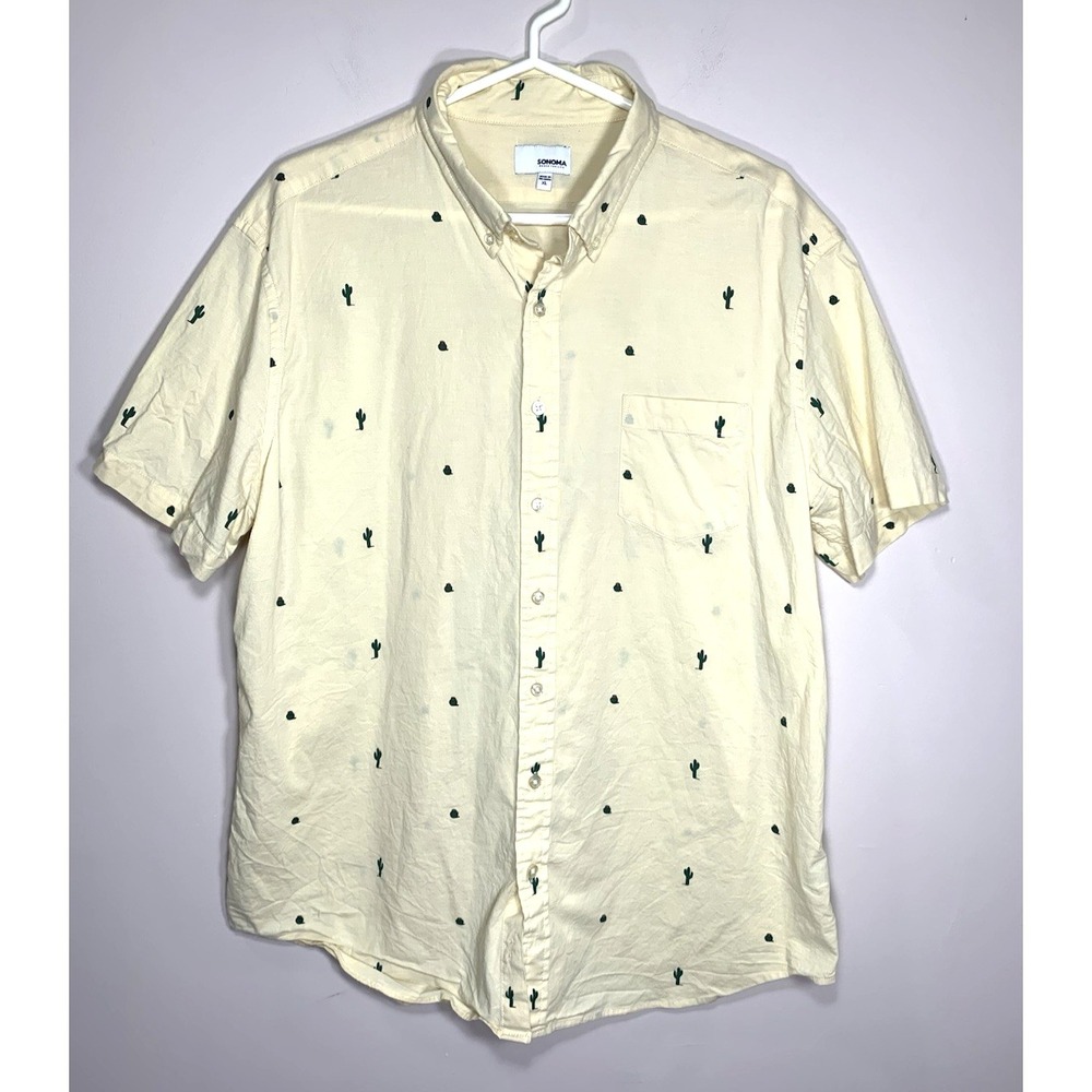 Sonoma Casual Shirt Mens XL Yellow Cactus Print Short Sleeve Southwest Stretch
